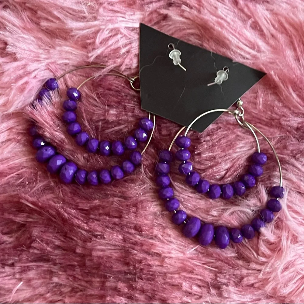 New Handmade Faceted Sterling Silver Purple Bead Bottom 2 Layer Hoop Earrings